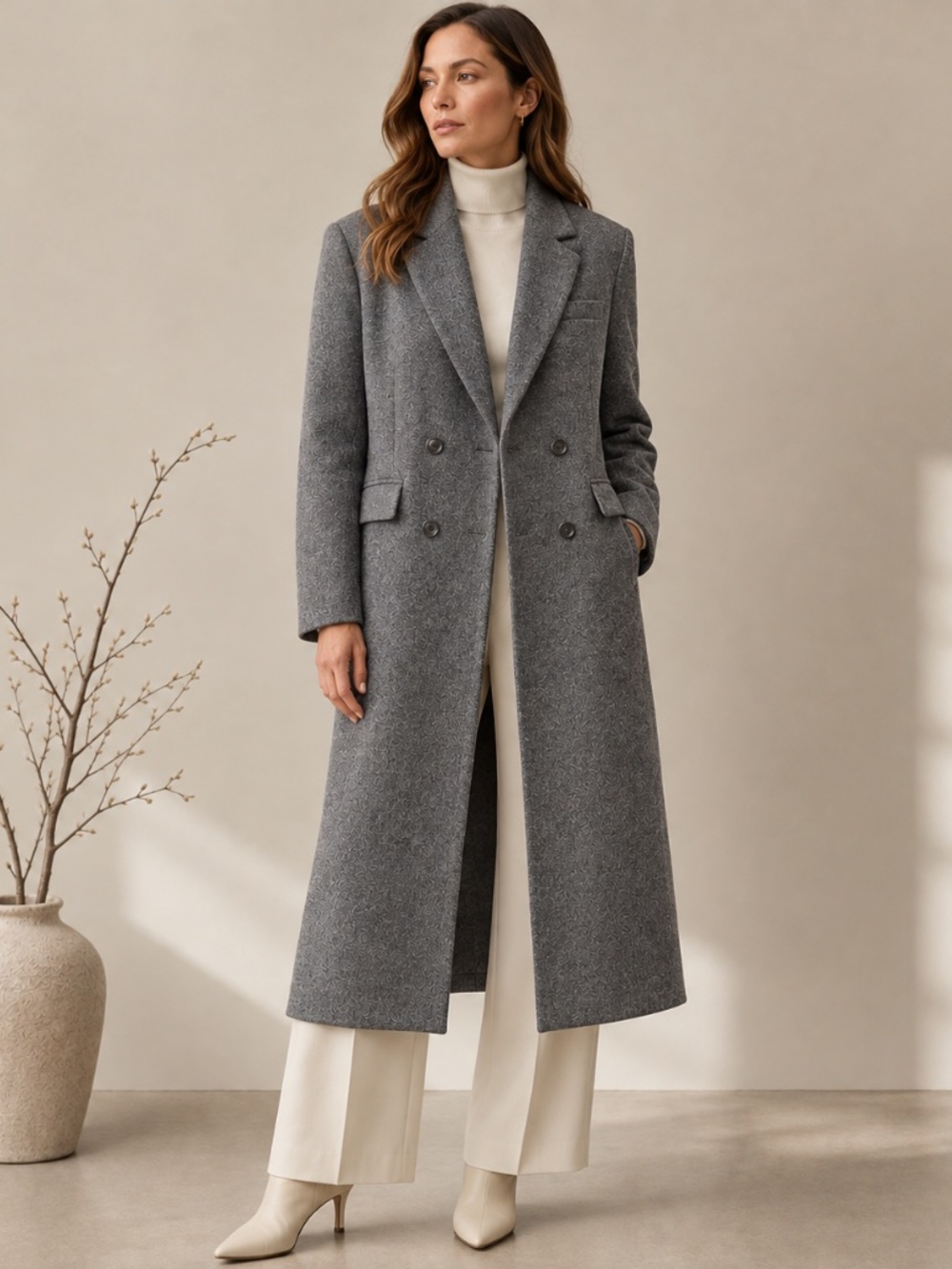 Commense Womens‎ Grey Double Breasted Long Car Coat, Large Classic Preppy